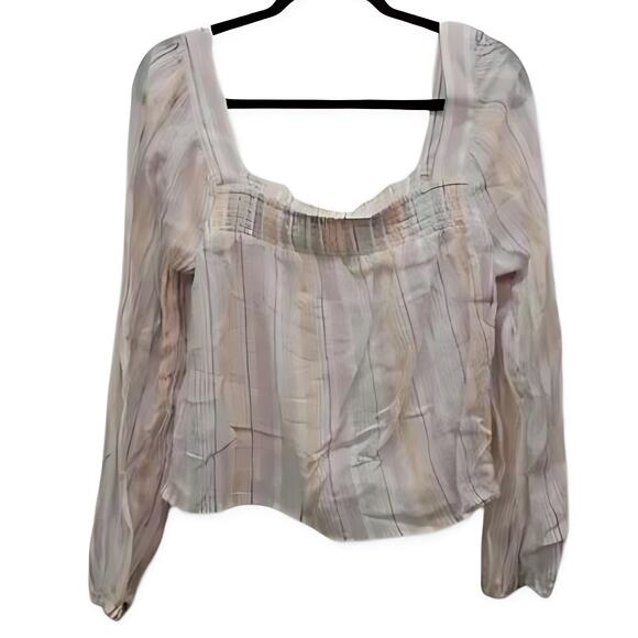 BCBGeneration Blouse Square Neck Smocked Striped Cotton Fabric Pink Chiffon - Picture 2 of 8